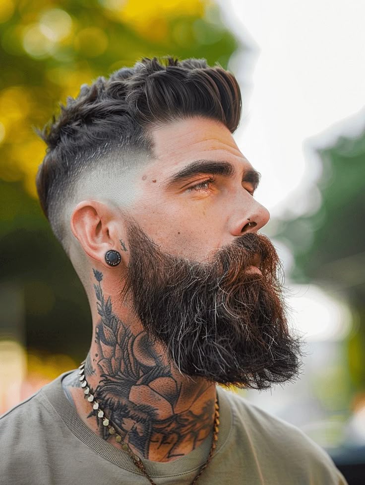 "A vintage-inspired undercut hairstyle fade featuring a perfectly styled handlebar mustache paired with a slicked-back undercut, blending old-school charm with a modern sharp fade."