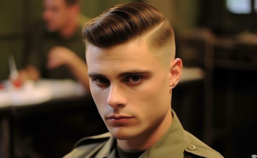A disciplined and sharp undercut hairstyle fade featuring a high and tight military style cut on top, designed for a clean, low maintenance, and professional appearance.
