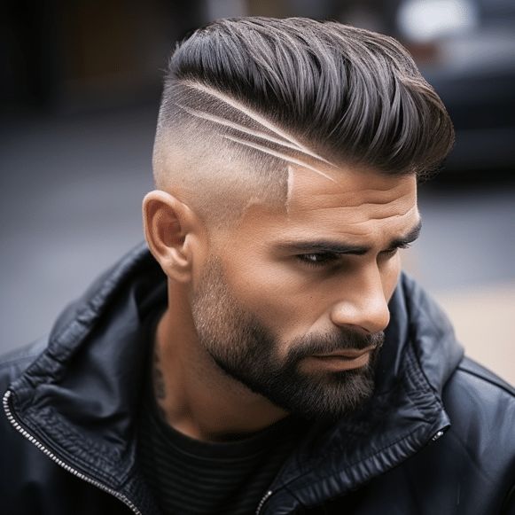 "A dramatic and bold undercut hairstyle fade featuring significant length on top for maximum volume, creating an intense contrast against the ultra-short faded sides."