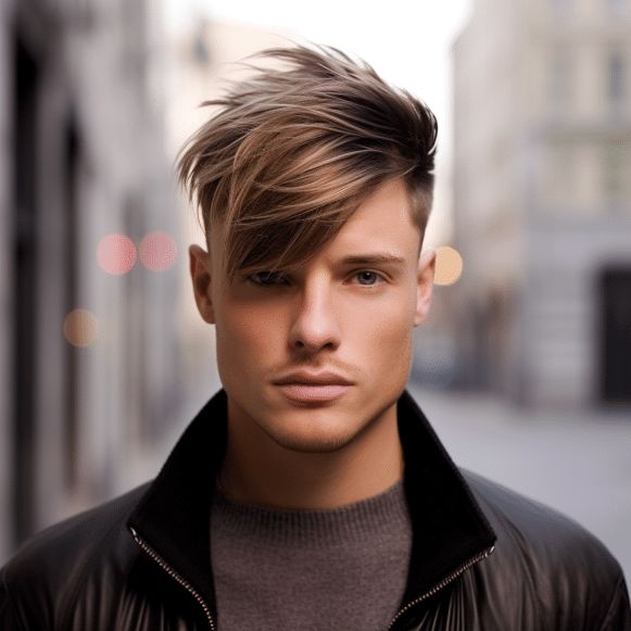 "A creative and unconventional undercut hairstyle fade featuring an asymmetrical length on top, where one side is longer than the other, paired with a sharp, precision fade."

