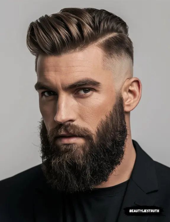 "A masculine and well-groomed undercut hairstyle fade where the sideburns are expertly tapered to blend the sharp side fade into a full, shaped beard."