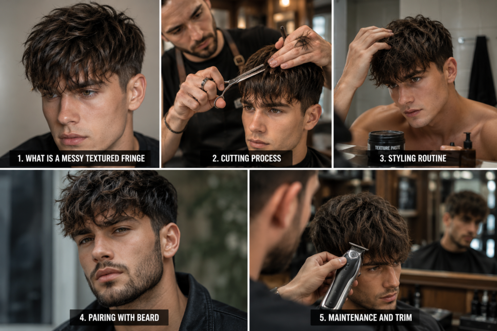Close-up of a man with a messy textured fringe hairstyle featuring natural volume, layered strands, and a relaxed modern look.