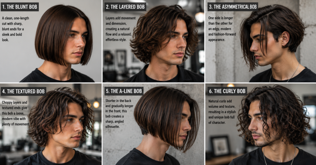 Modern Bob Hairstyles for Men featuring six stylish bob haircut variations including the Blunt Bob, Layered Bob, Asymmetrical Bob, Textured Bob, A-Line Bob, and Curly Bob, showcasing modern men's hair trends with different textures, lengths, and styling options.
